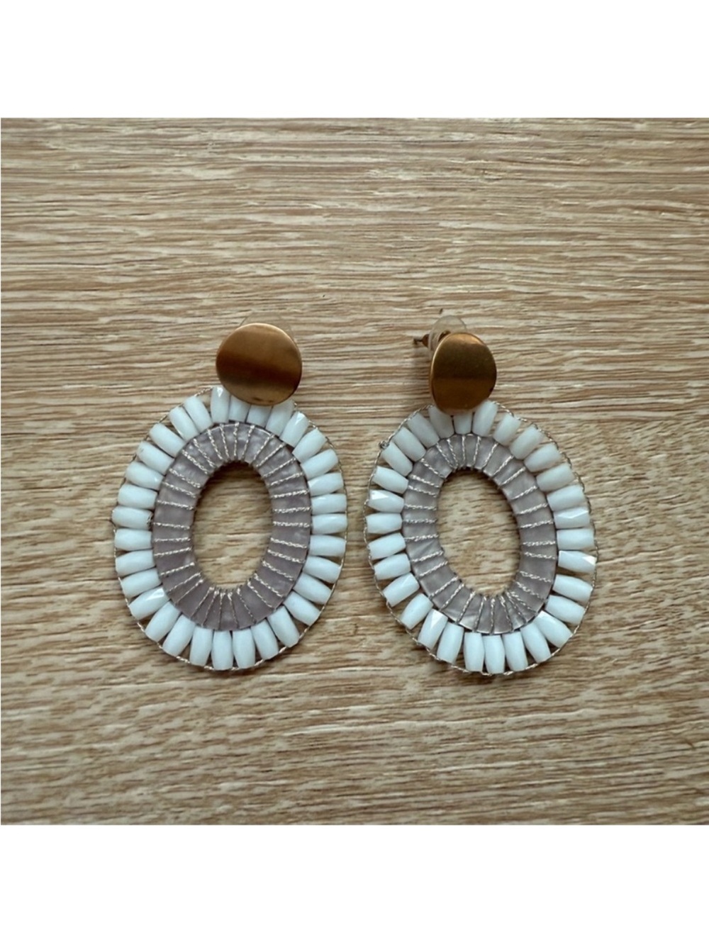 Anthropologie White and Gold Oval Earrings